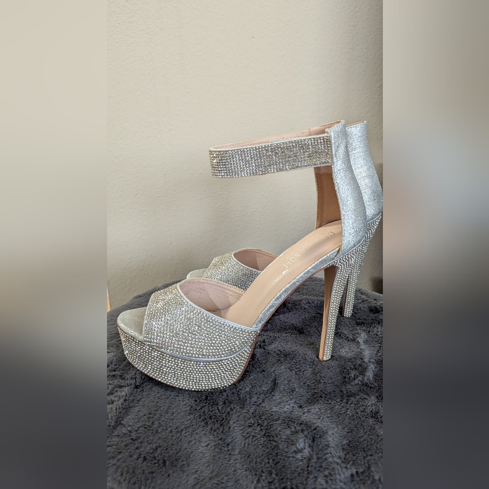 De Blossom Flora Silver Rhinestone Platform Heels; only worn once!